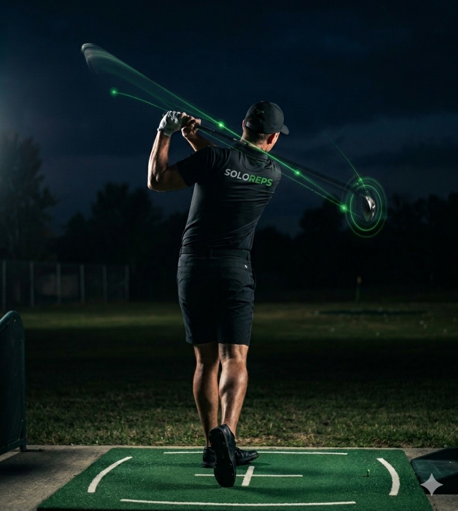 Solo golfer practicing swing at night